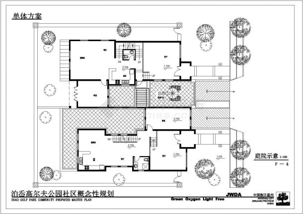 苏州市阳澄湖镇某3层框架结构私人别墅建筑设计CAD图纸（含庭院示意图）-图一