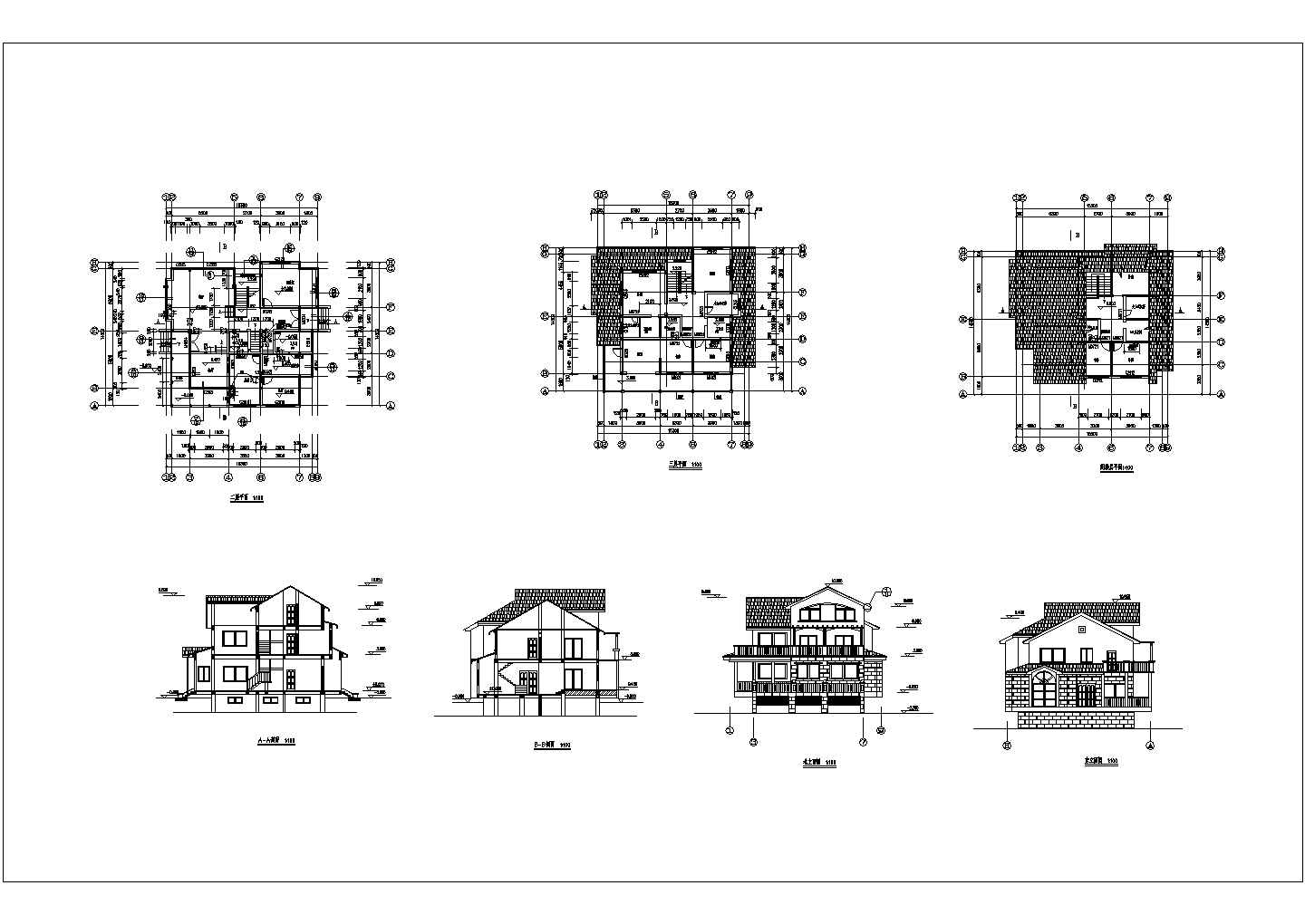 某龙塘小区三层小别墅CAD设计施工图纸