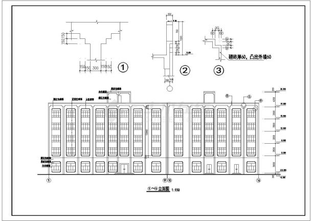 长沙市某商圈长60米宽8米五层宾馆建筑设计CAD图纸-图一