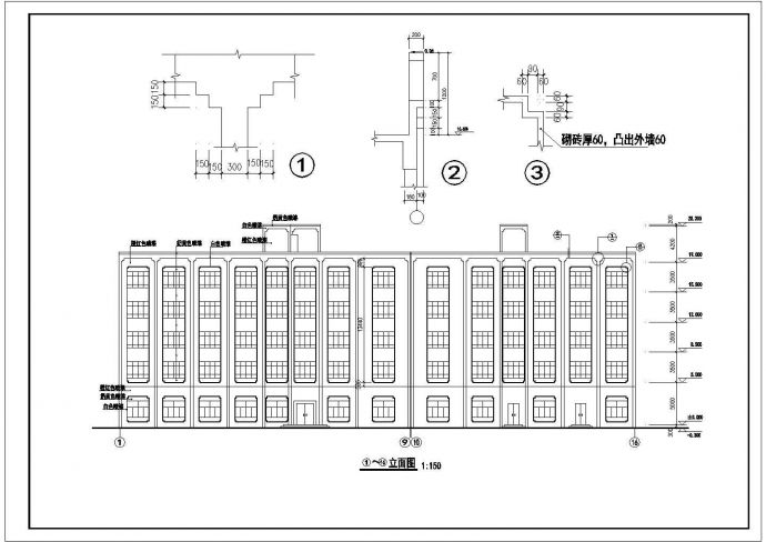 长沙市某商圈长60米宽8米五层宾馆建筑设计CAD图纸_图1