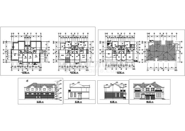 某二层带夹层砖混结构花园型联体别墅设计cad建筑方案图（标注详细）-图一