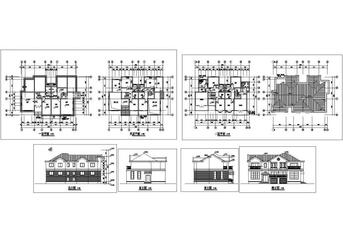 某二层带夹层砖混结构花园型联体别墅设计cad建筑方案图（标注详细）_图1
