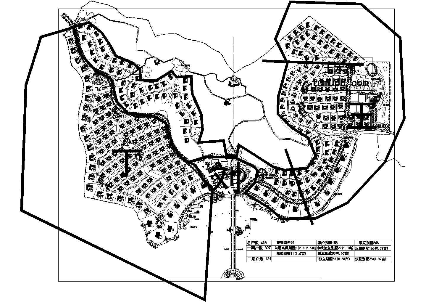 某别墅区两期整体规划平面图，包含高档别墅，独立别墅，双联别墅等