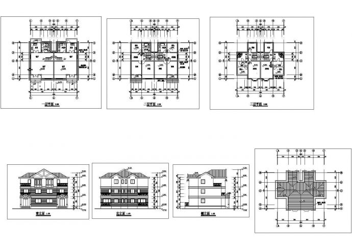 某三层框架结构花园联体别墅设计cad建筑方案图（标注详细）_图1