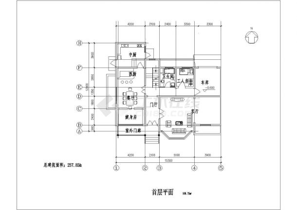 马鞍山市某村镇257平2层砖混结构乡村别墅平面设计CAD图纸（含阁楼）-图二