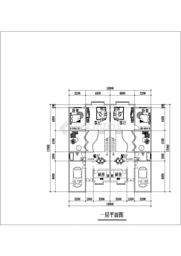 承德市某别墅区2层砖混联排别墅建筑设计cad图纸1楼2户每户256平