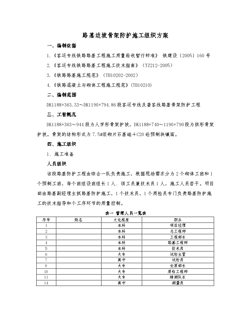 某客运铁路专线路基边坡骨架防护施工组织方案.