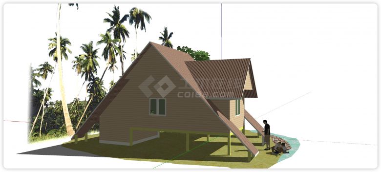 度假风粉红色三角形造型屋顶木屋su模型-图二