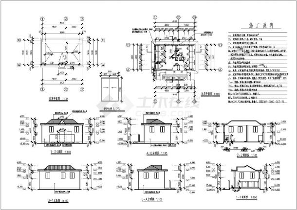 某长8.1米 宽5.1米 1层45平米小型公厕建筑CAD施工图【首层平面 屋顶平面 4立2剖 施工说明】-图一