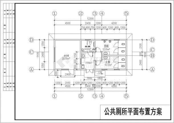 某长12.3米 宽5.1米 1层62.73平米小型公厕建筑方案CAD设计图【平面布置图 2个立面（20.7平米为办公室）】-图二