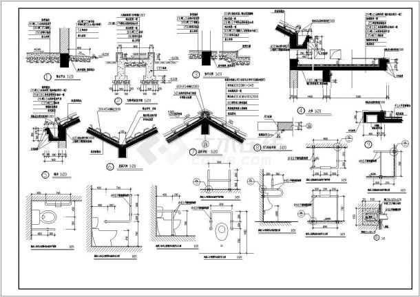 某长8米 宽5.9米 1层砖混结构CAD公厕建施【一层平面 屋顶平面 4个轴立面 2个剖面 花格窗立面详图 节点详图】-图一