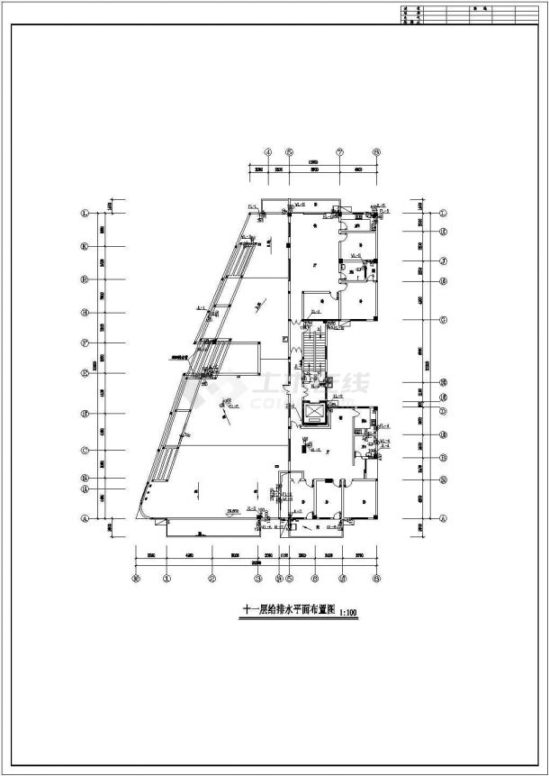某长33.4米 宽23.05米 11层商住楼给排水CAD（1层商场 2、3层写字间 4至11住宅 各层给排水平面布置图 给排水消防自喷空调排水系统图 厨房卫排水大样）-图一