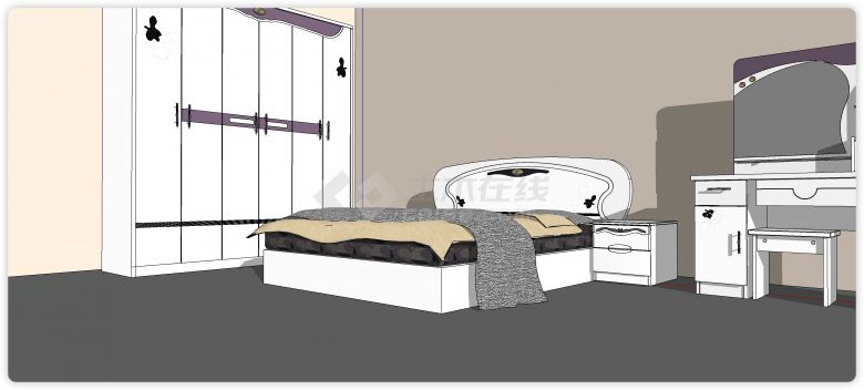 圆角设计床头板白色双人床su模型-图一