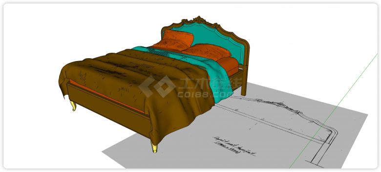 木雕花绿色软床头板双人床su模型-图一
