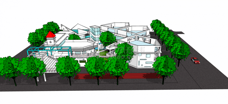 白色的双层的楼体带有茂密树木的幼儿园su模型-图一