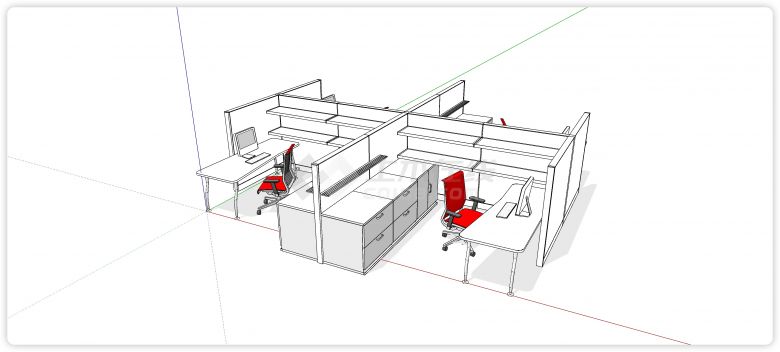抽屉柜开放置物架四人位办公桌su模型-图二