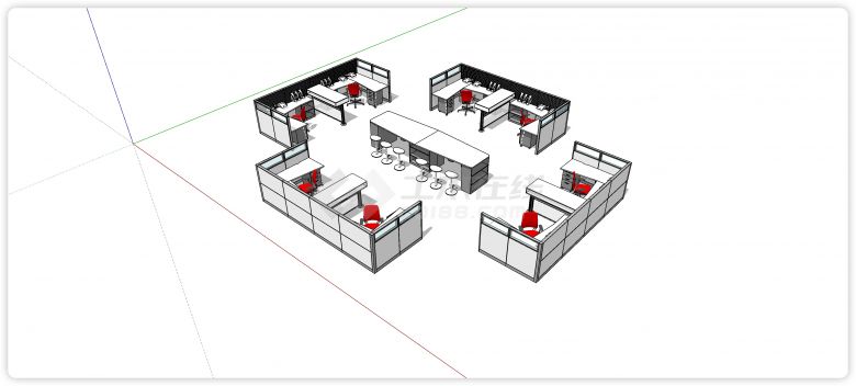四边双人隔间中间公共空间办公桌su模型-图一