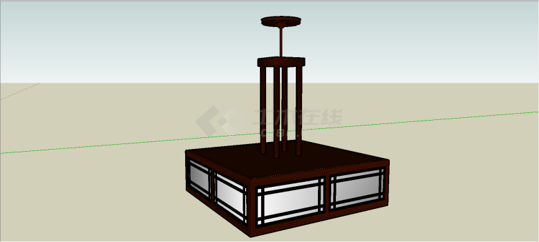 中式方形木质外观吊灯su模型-图二