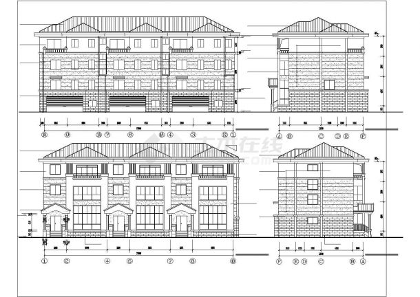 1180平米三层框架结构连体别墅全套建筑设计CAD图纸（含阁楼和车库）-图二