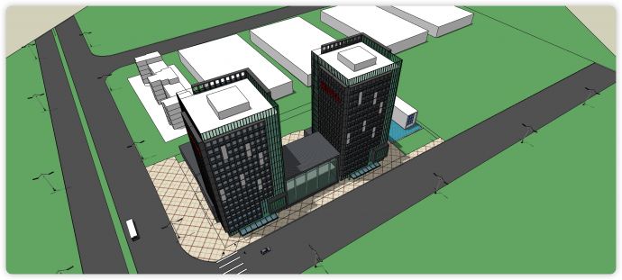 黑色钢结构绿色玻璃主体办公楼su模型_图1