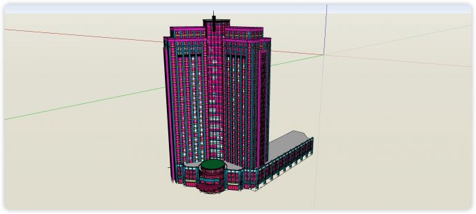 蓝色钢架结构玫红色玻璃主体办公楼su模型_图1
