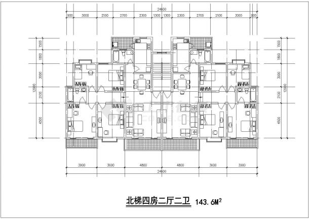 广州某小区1梯2户对称型公寓标准层设计CAD图纸（8种面积户型）-图一