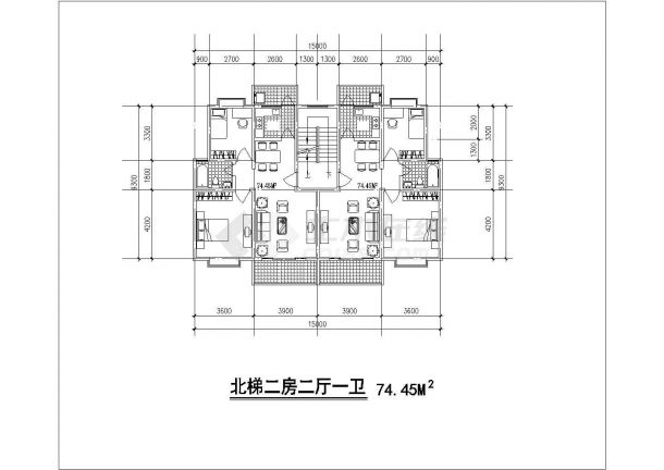 广州某小区1梯2户对称型公寓标准层设计CAD图纸（8种面积户型）-图二