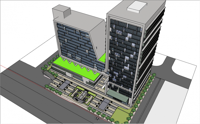 异形建筑+常规矩形建筑组合的现代化办公楼su模型_图1