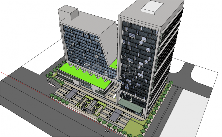 异形建筑+常规矩形建筑组合的现代化办公楼su模型-图一