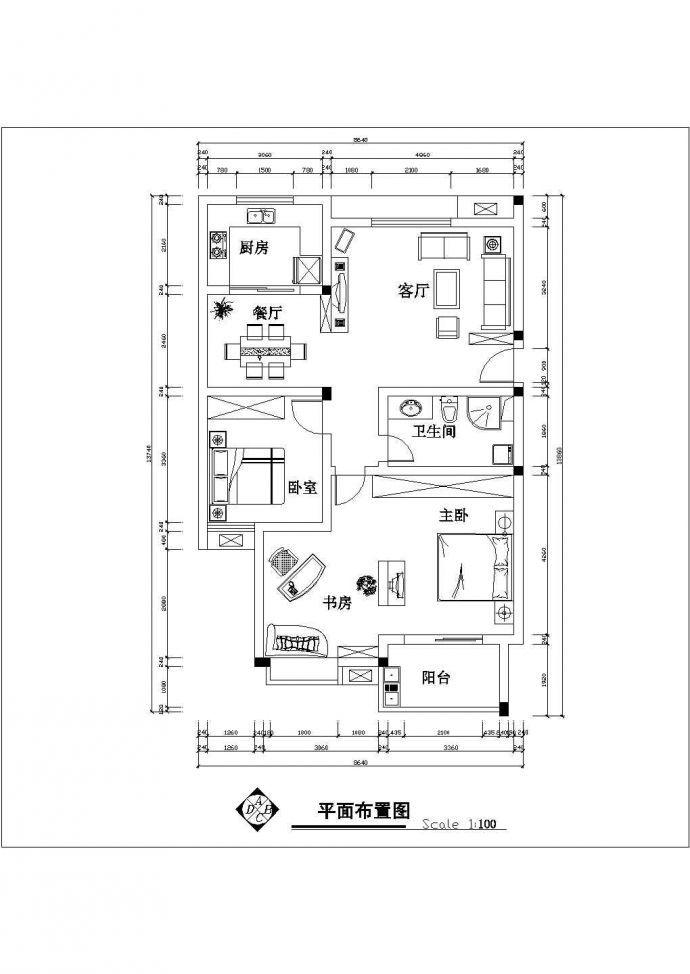 2室2厅1卫1阳台户型平面设计CAD图纸（长13.86米/宽8.64米）_图1