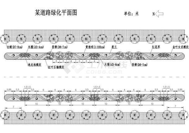 某景区道路绿化CAD设计完整构造平面图-图一