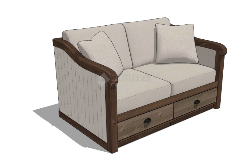 棕色木质带有浅色布艺的双人沙发su模型-图二