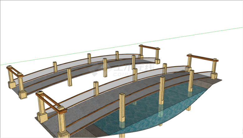 带有多跟黄色柱子灰色的桥面的拱桥su模型-图一