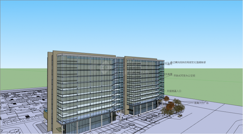 两栋带有蓝色玻璃外墙的办公大楼su模型-图二