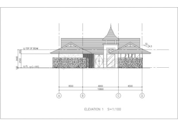 承德市某山庄单层框混结构休闲单体别墅平立面设计CAD图纸-图二