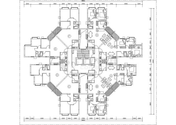 武汉现代城小区1梯8户住宅楼平面户型设计CAD图纸-图一