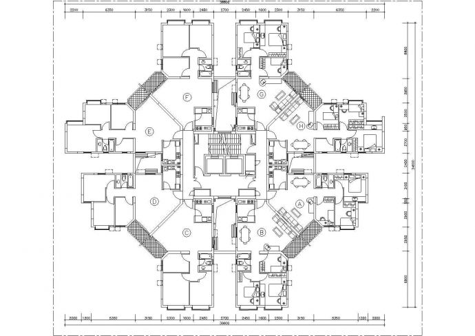 武汉现代城小区1梯8户住宅楼平面户型设计CAD图纸_图1