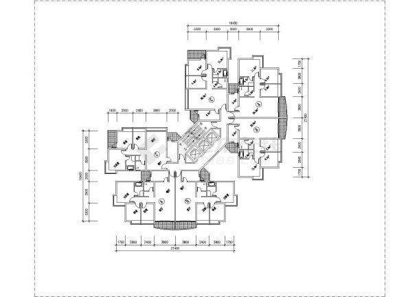 阜阳市慧谷阳光小区两栋住宅楼平面户型设计CAD图纸（1梯6户）-图二
