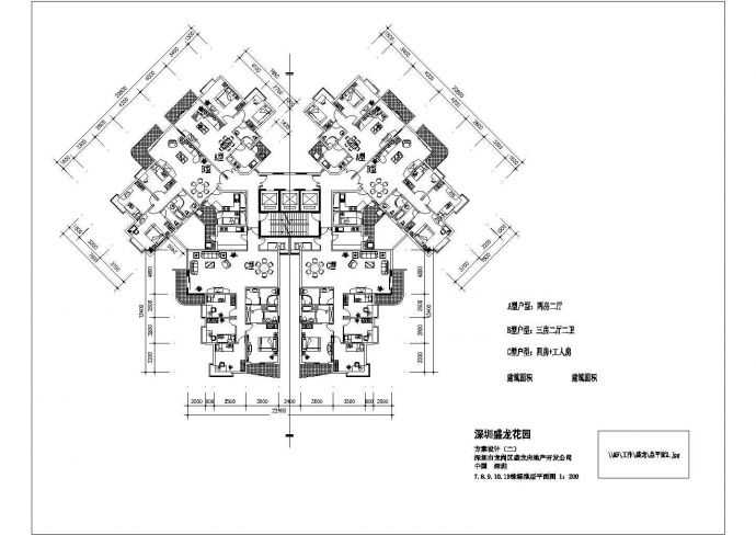 湖州太阳城小区标准层79+115+155平米户型设计CAD图纸（1梯6户）_图1
