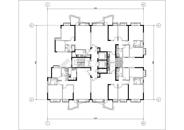 温州现代城小区总407平米标准层户型设计CAD图纸（1梯4户）-图一