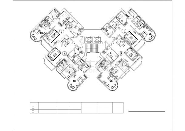 南昌印象城小区117+134平标准层对称户型设计CAD图纸（1梯4户）-图一
