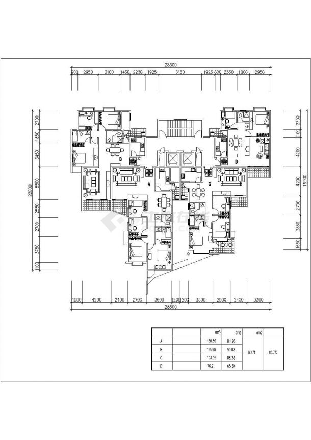 武汉某小区住宅标准层76-130平四套经典户型设计CAD图纸（1梯4户）-图一