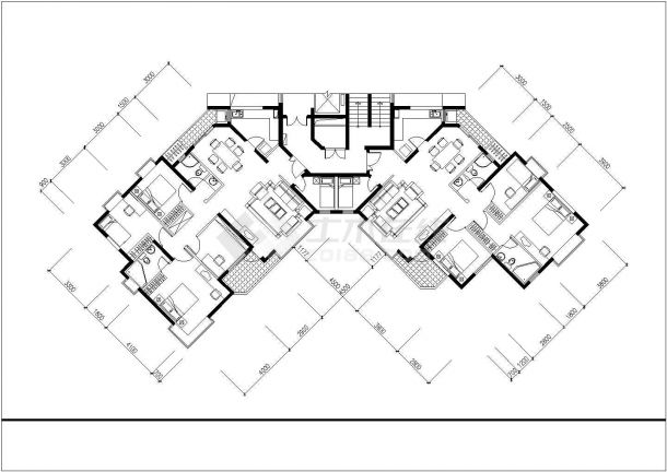 大连市华腾园小区住宅标准层对称户型设计CAD图纸（1梯2户型）-图一