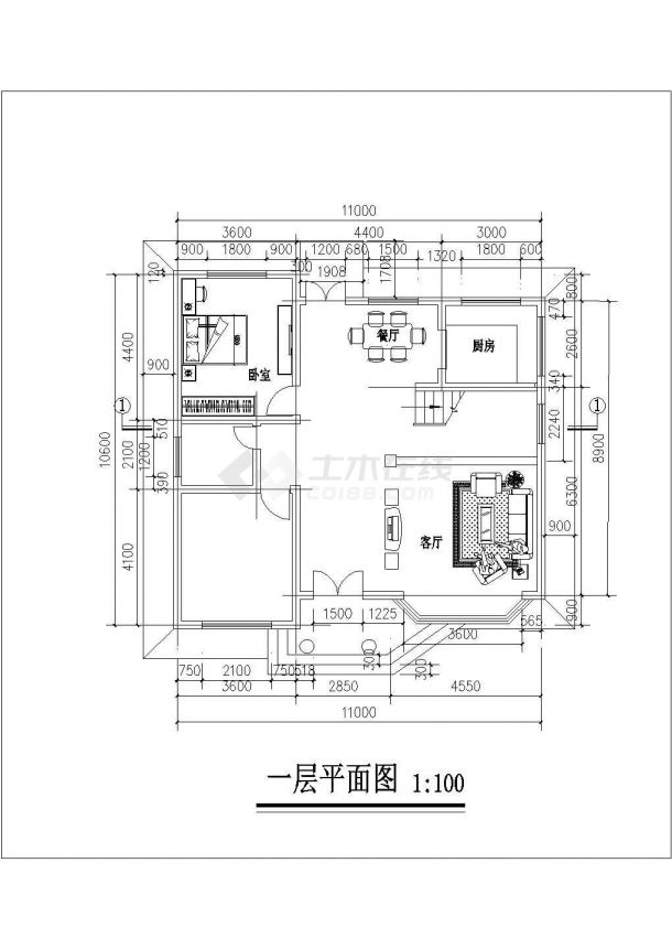 徐州市南井村某2层砖混结构单体别墅平面设计CAD图纸（含效果图）-图二