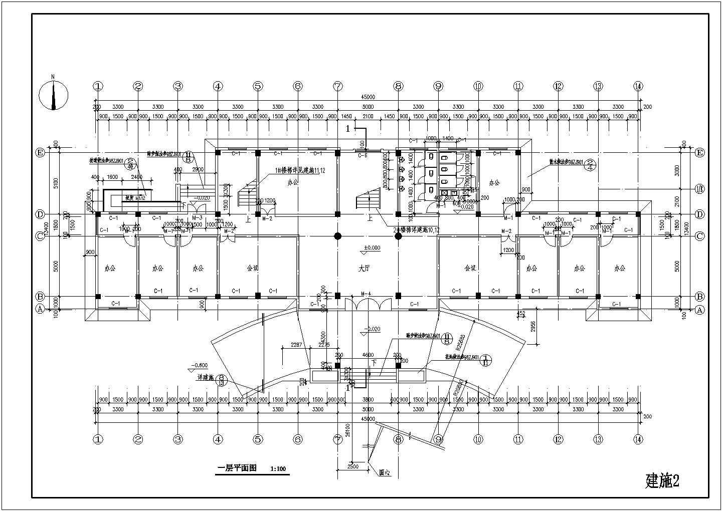 四层办公楼建筑CAD平面布置参考图