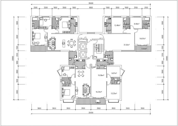 杭州科南中心小区122+86平标准层对称户型设计CAD图纸（1梯4户）_图1