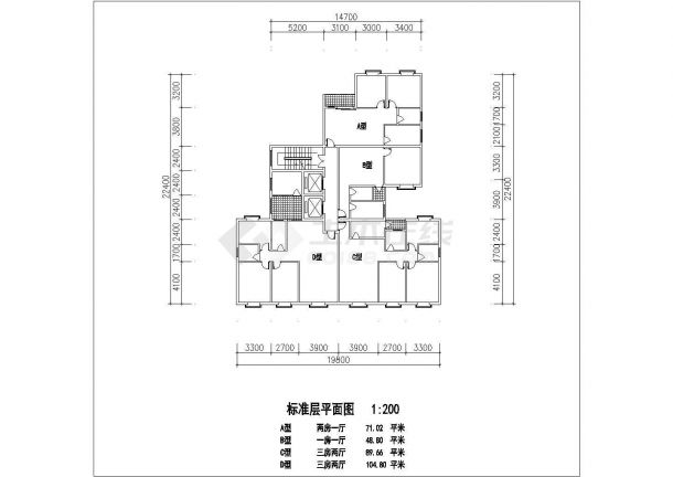 苏州某小区49-105平标准层不同面积户型设计CAD图纸（1梯4户）-图一