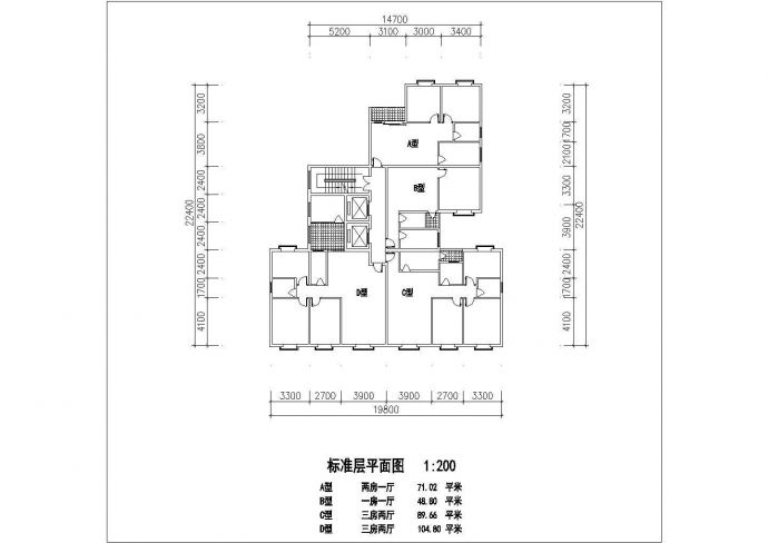 苏州某小区49-105平标准层不同面积户型设计CAD图纸（1梯4户）_图1