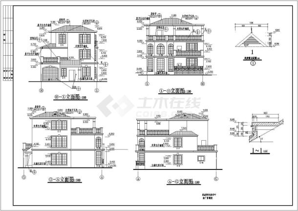 长沙某经典多层别墅楼全套建筑施工设计cad图-图二