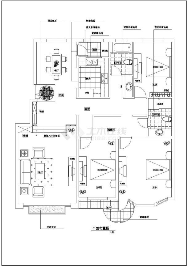天河家园小区某大三室户型住宅室内装修设计cad方案施工图（标注详细）-图二